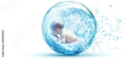 A serene baby floating peacefully in a bubble of water, surrounded by gentle bubbles, evoking tranquility and innocence.