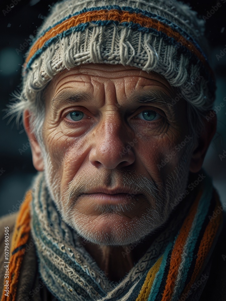 Old Indian Man's Eyes Behind Pastel Neon Wool Scarf in Snowy Old Indian Man's Eyes Behind Pastel Neon Wool Scarf in Snowy
