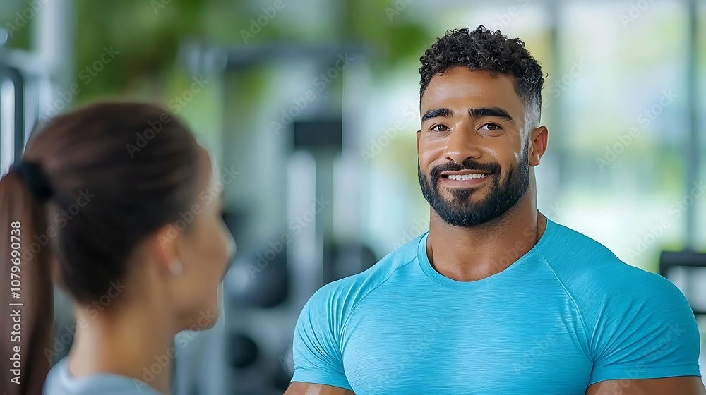 Portrait of a muscular athletic man with a confident happy expression in an indoor gym setting  He is dressed in a blue top and appears to be fit