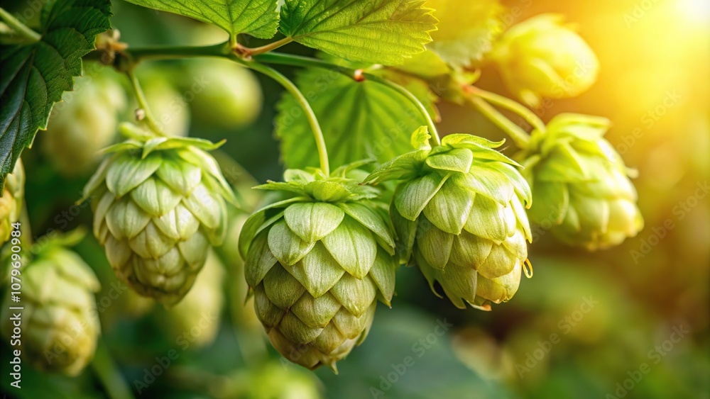 Close-up image of a hop cone with delicate flowers and tiny leaves, cones, ingredient Close-up image of a hop cone with delicate flowers and tiny leaves, cones, ingredient