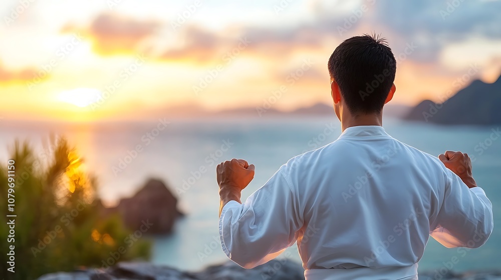 Powerful silhouette of a man standing in contemplative pose overlooking a breathtaking sunset scene with dramatic mountains coastline and serene ocean waters Concept of personal growth Powerful silhouette of a man standing in contemplative pose overlooking a breathtaking sunset scene with dramatic mountains coastline and serene ocean waters Concept of personal growth