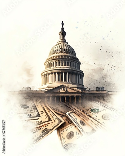 U.S. Capitol building with scattered dollar bills, symbolizing government finance and economy.