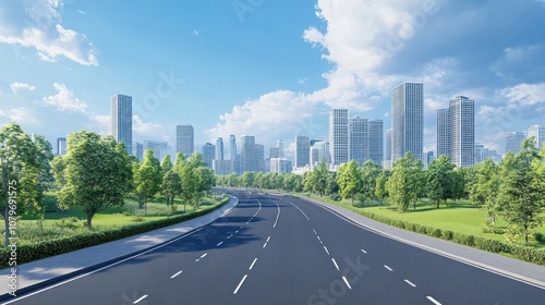 A modern cityscape showcasing skyscrapers, greenery, and a wide road under a clear blue sky.