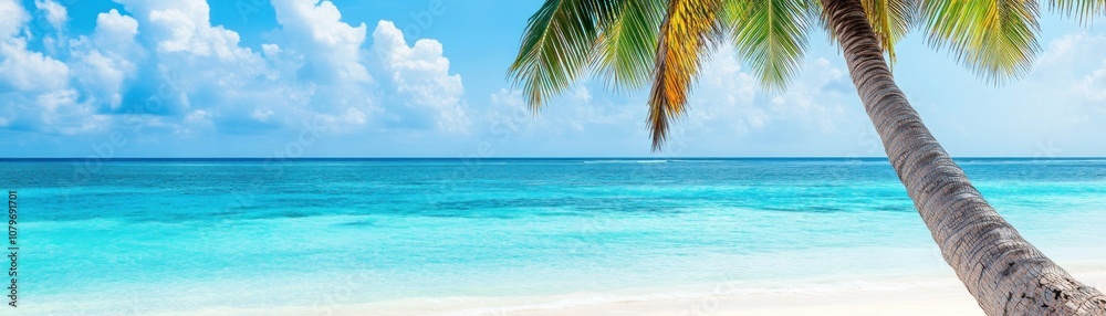 A serene beach scene with clear water, palm trees, and a bright blue sky. A serene beach scene with clear water, palm trees, and a bright blue sky.