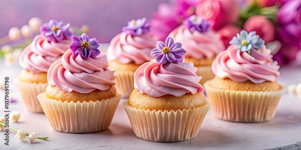 A delightful array of pink frosted cupcakes, adorned with delicate purple floral accents, creating a visually appealing centerpiece for any occasion. A delightful array of pink frosted cupcakes, adorned with delicate purple floral accents, creating a visually appealing centerpiece for any occasion.