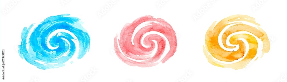 Obraz premium Three colorful watercolor spirals on a white background, ideal for artistic projects and creative designs.