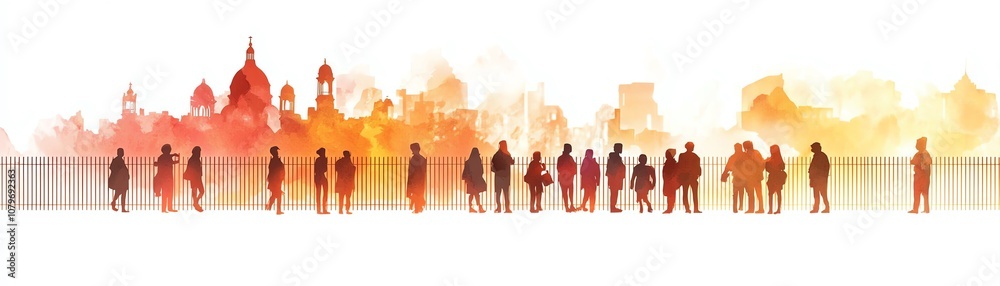 Fototapeta premium Silhouetted figures against a colorful skyline, representing diversity and urban life.