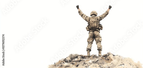 Soldier standing victorious on a hilltop, arms raised against a clear white background.