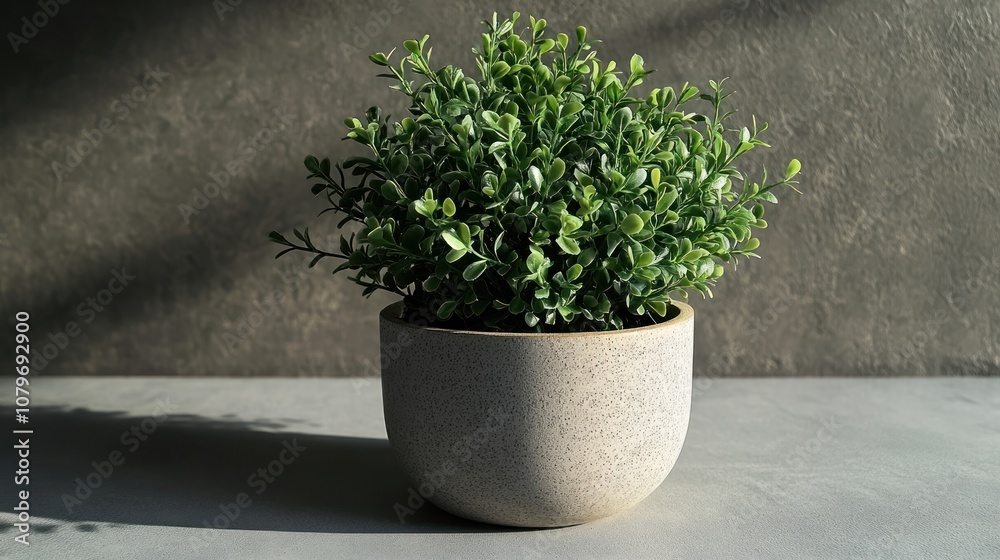 A small potted plant with lush green foliage in a simple, modern pot. A small potted plant with lush green foliage in a simple, modern pot.