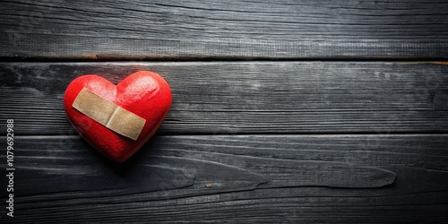 A red heart-shaped object with a bandage on a wooden surface, symbolizing healing and recovery. photo