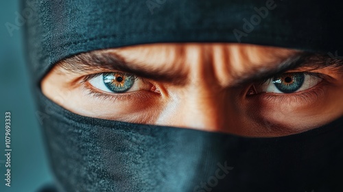 A close-up of a ninja's intense blue eyes peering out from a black mask, capturing a fierce and focused expression that symbolizes precision, discipline, and stealth.