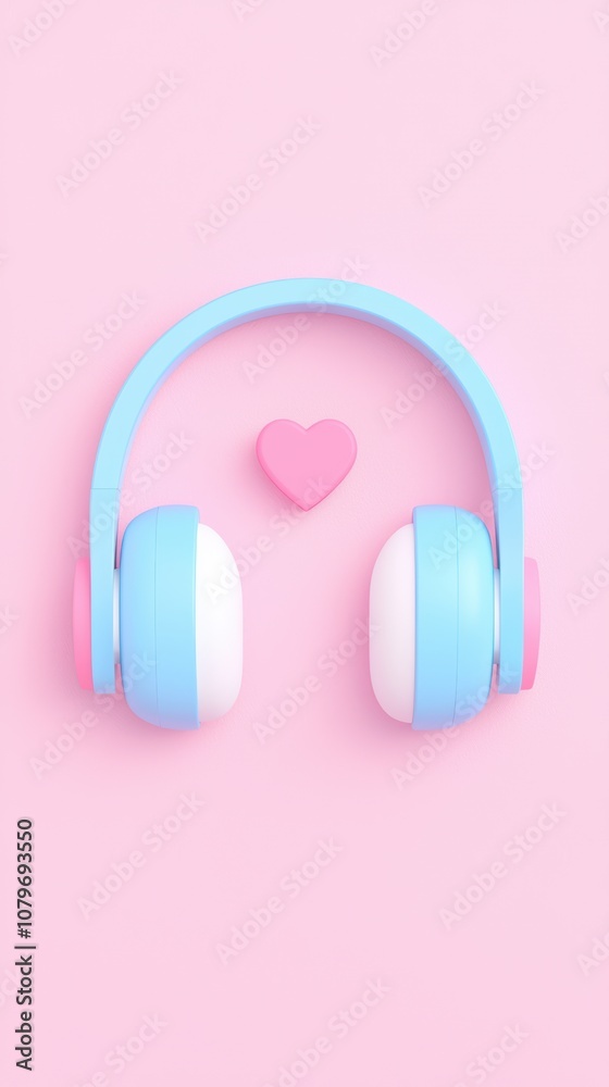 Colorful headphones with a heart on a pastel pink background, representing love for music and vibrant emotions. Colorful headphones with a heart on a pastel pink background, representing love for music and vibrant emotions.