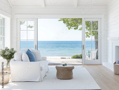 Coastal Living Room: Tranquility and Comfort by the Sea. A serene living room with a white slipcover sofa, plush pillows, and a woven ottoman. photo