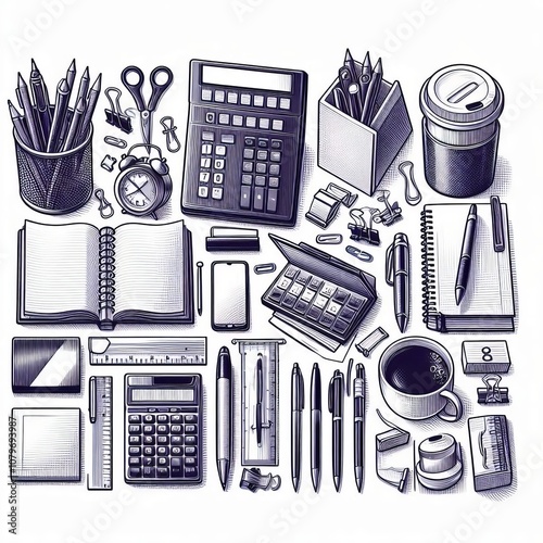 Office supplies An illustration of common office supplies such a photo