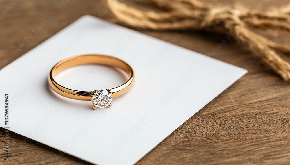 Elegant gold ring with a sparkling diamond, resting on a minimalist background. Perfect for engagement photography.