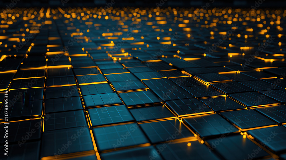 Obraz premium stunning view of solar panel farm illuminated by golden hour light, showcasing rows of solar panels with glowing edges. scene evokes sense of innovation and sustainability