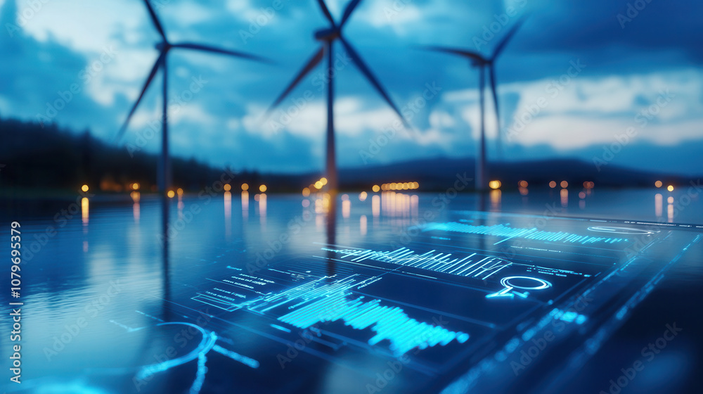 Obraz premium wind farm at dusk with digital data overlay, showcasing renewable energy technology and innovation. soft natural light enhances serene atmosphere
