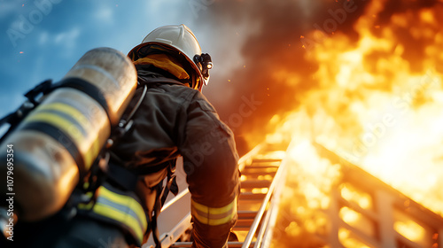 Firefighters ascend ladders to combat intense flames and rescue lives in emergency situations