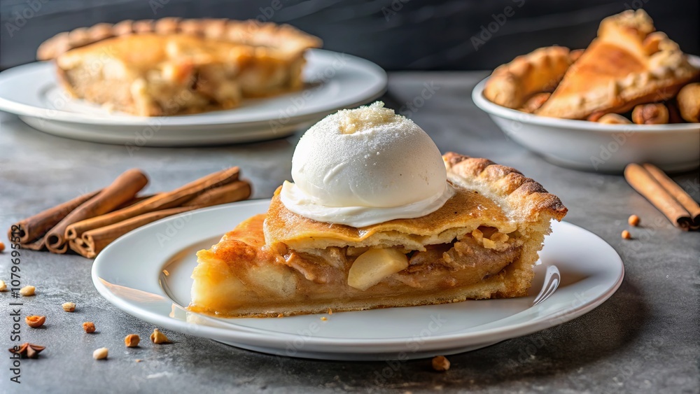 A slice of warm apple pie with a scoop of vanilla ice cream on top, a classic combination of sweet and creamy flavors A slice of warm apple pie with a scoop of vanilla ice cream on top, a classic combination of sweet and creamy flavors