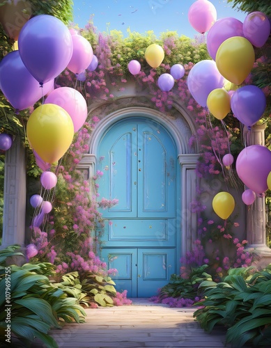 Colorful balloon arch framing a whimsical garden doorway, creating a joyful party entrance. photo