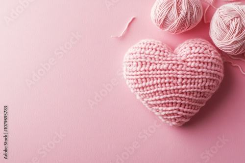 A pink knitted heart lies on a pink background with a ball of yarn. Valentine's Day background. Valentine's Day card. with generative ai