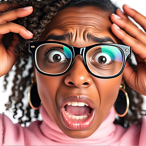 Frightened stupefied frustrated African American female looks in bewilderment with wide opened eyes, afraids of something, wears big spectacles, isolated over white background with copy space. photo