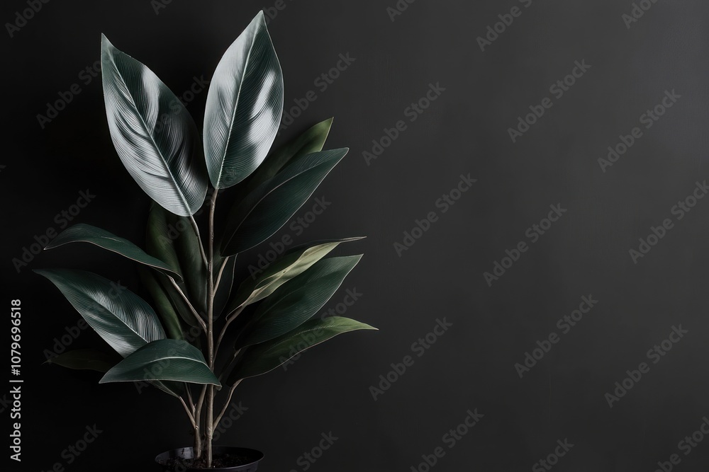 A potted plant with large green leaves against a dark background. A potted plant with large green leaves against a dark background.