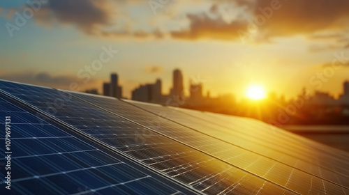 Wallpaper Mural Solar panels in industrial park at sunset, capturing warm glow of sun against city skyline. scene evokes sense of sustainability and innovation Torontodigital.ca