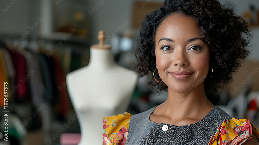Aspiring female designer skillfully pins fabric onto mannequin to create unique fashion designs Aspiring female designer skillfully pins fabric onto mannequin to create unique fashion designs