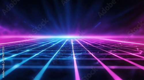 Vibrant neon grid background with colorful rays emanating from the center. photo