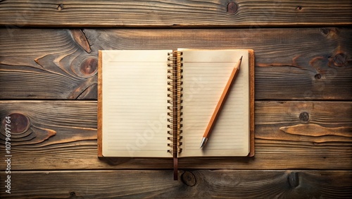 An Open Notebook with a Pencil Resting on the Page, Ready for Inspiration and Creativity, Set Against a Rustic Wooden Background