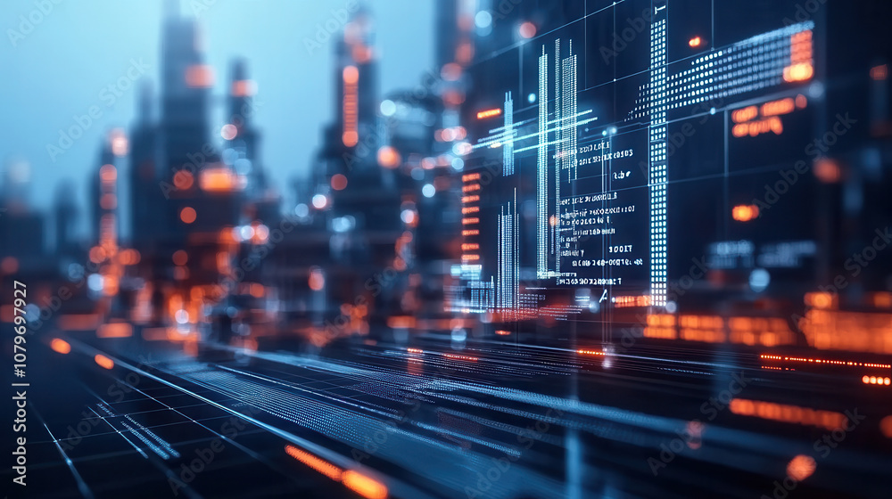 Futuristic cityscape with digital data visualization and glowing elements, showcasing technology and innovation. scene evokes sense of advanced urban development and connectivity Futuristic cityscape with digital data visualization and glowing elements, showcasing technology and innovation. scene evokes sense of advanced urban development and connectivity