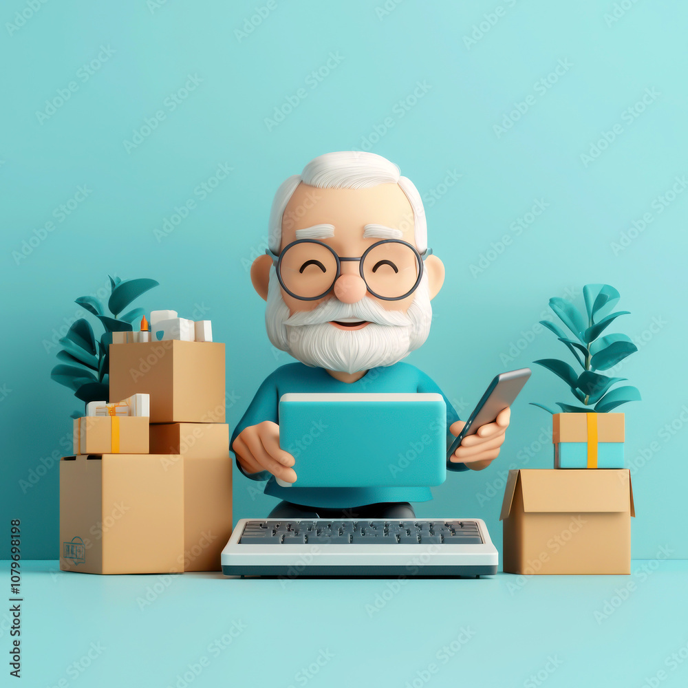 Elderly man working with packages and laptop in a cozy workspace.