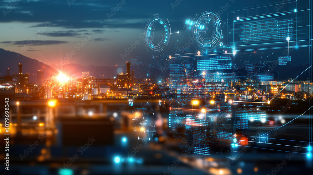 Fototapeta premium futuristic industrial park at sunset with digital overlays and data visualization, showcasing energy efficiency and technology