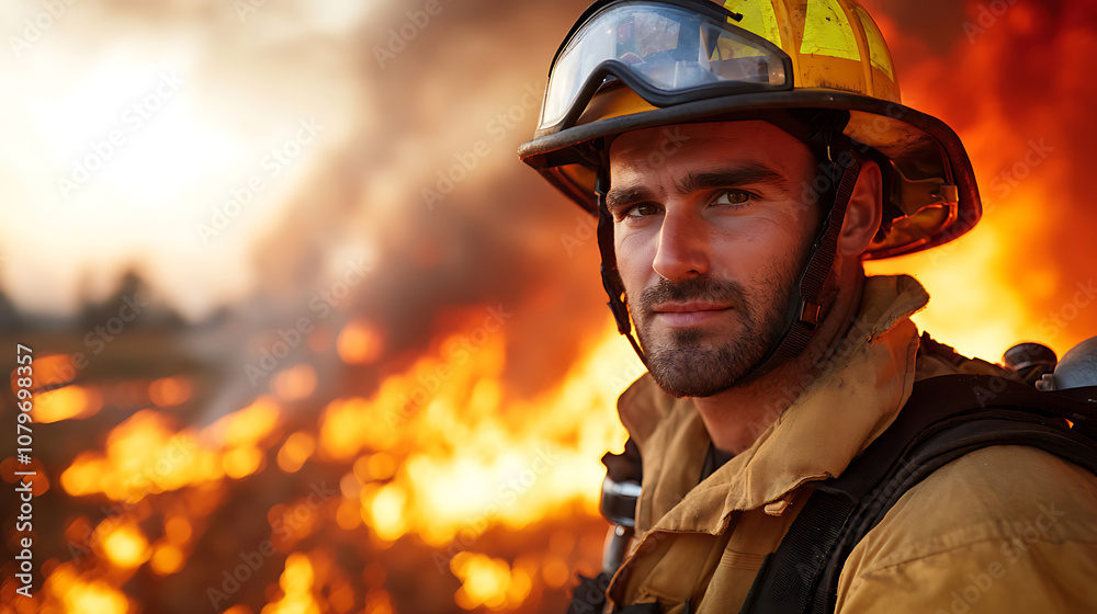 Heroic firefighter stands strong against devastating orange flames in fiery landscape Heroic firefighter stands strong against devastating orange flames in fiery landscape
