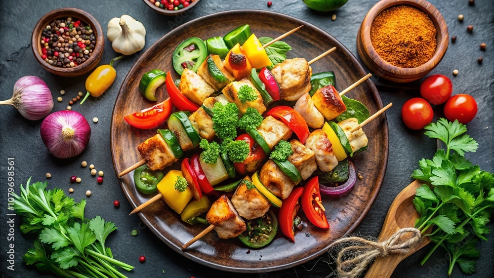 Grilled chicken skewers with colorful vegetables, herbs, and spices on a wooden plate Grilled chicken skewers with colorful vegetables, herbs, and spices on a wooden plate