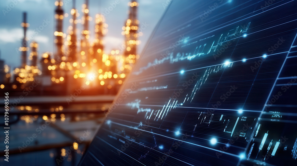 Obraz premium close up view of digital data visualization against industrial backdrop, showcasing energy trends and analytics. glowing lights of facility create dynamic atmosphere