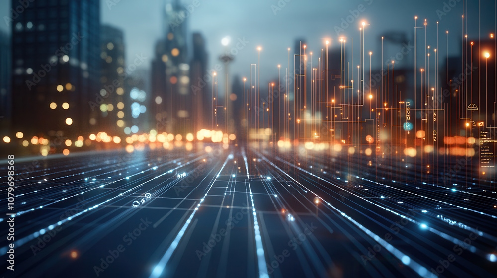 Fototapeta premium Futuristic cityscape with glowing data lines and digital elements, showcasing technology and innovation in urban environment