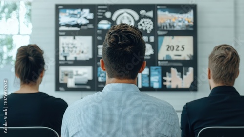 Setting 2025 goals with vision and strategy concept. A group of professionals attentively observes a presentation displayed on a digital screen in a modern workspace.