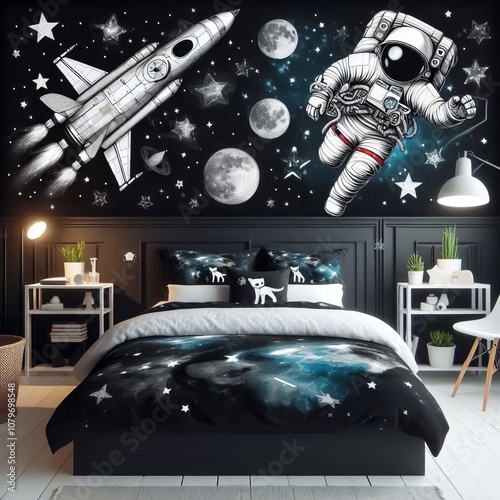 Space Adventure Astronaut wall decals a spaceship bed and a star photo