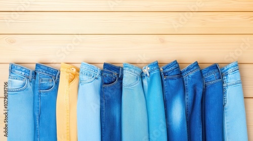 A row of blue jeans in various shades with a single yellow pair standing out, symbolizing style diversity and individuality on National Blue Jeans Day. photo