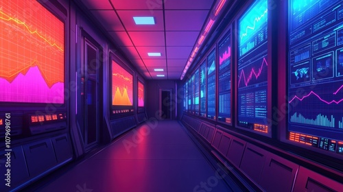 Setting 2025 goals with vision and strategy concept. A futuristic hallway illuminated by colorful screens displaying data visualizations, evoking a high-tech environment.