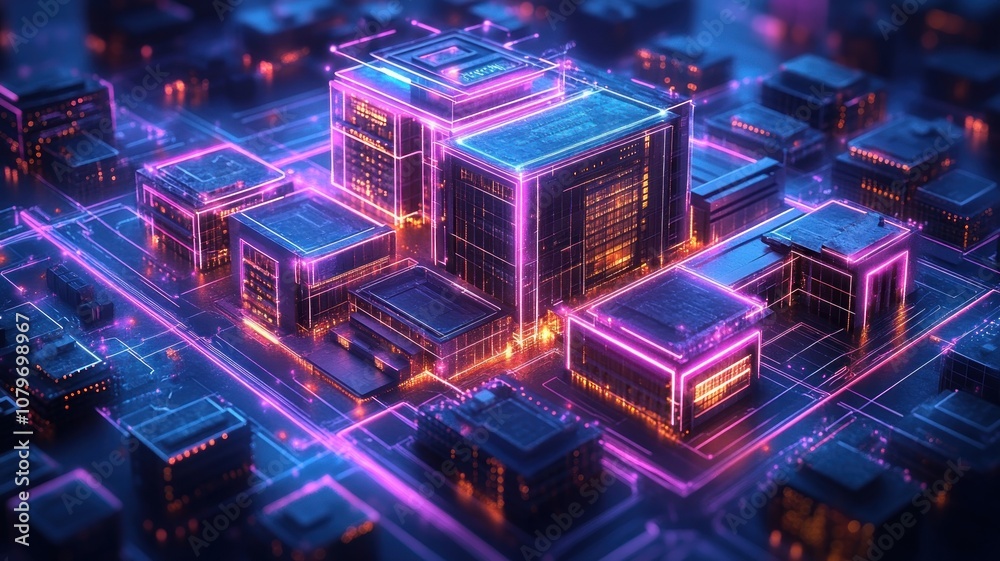 A futuristic cityscape with glowing buildings and digital networks. A futuristic cityscape with glowing buildings and digital networks.