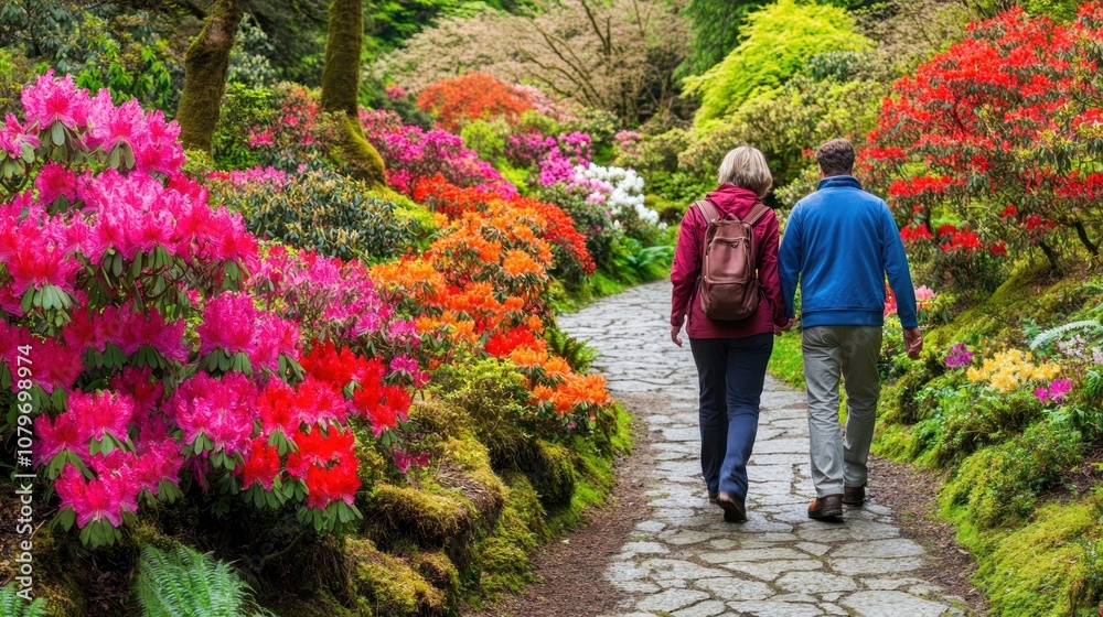 A couple strolls through a vibrant flower garden, enjoying nature's beauty together. A couple strolls through a vibrant flower garden, enjoying nature's beauty together.