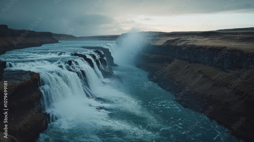 A breathtaking view of a waterfall cascading into a river, surrounded by rugged cliffs and moody skies. A breathtaking view of a waterfall cascading into a river, surrounded by rugged cliffs and moody skies.