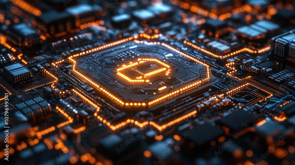 Close-up of a glowing microchip on a circuit board. Close-up of a glowing microchip on a circuit board.