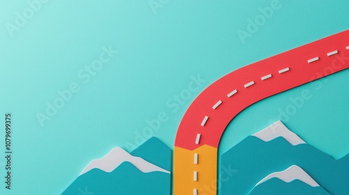 Setting 2025 goals with vision and strategy concept. A colorful paper cutout of a winding road with mountains in the background against a teal backdrop.