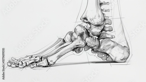 Detailed Anatomy Sketch of Human Ankle Bones with Emphasis on Tarsals, Shaded for Depth and Detail in Textbook Illustration Style