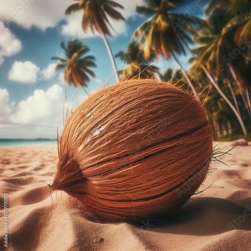 Coconut on a Sandy Beach A whole coconut with its rough fibrous photo