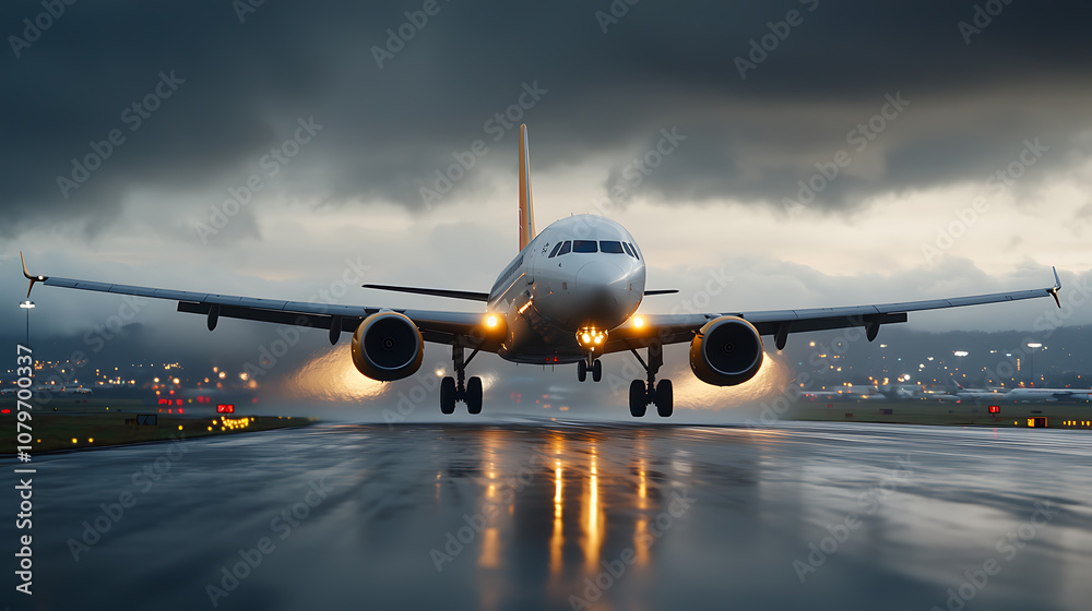 Airliner approaches rainy runway with powerful landing gear activation Airliner approaches rainy runway with powerful landing gear activation